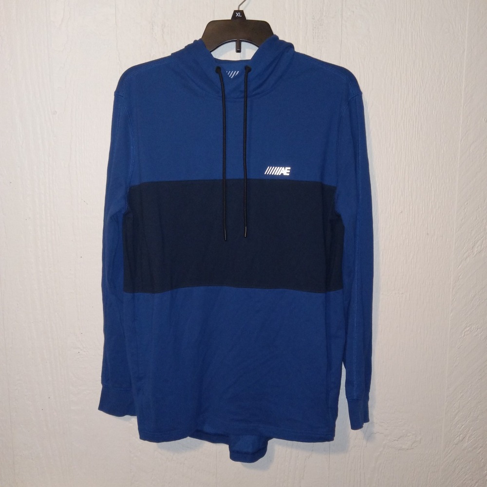 American Eagle Hoodie Men Small Blue Color Block Lightweight Jersey Logo